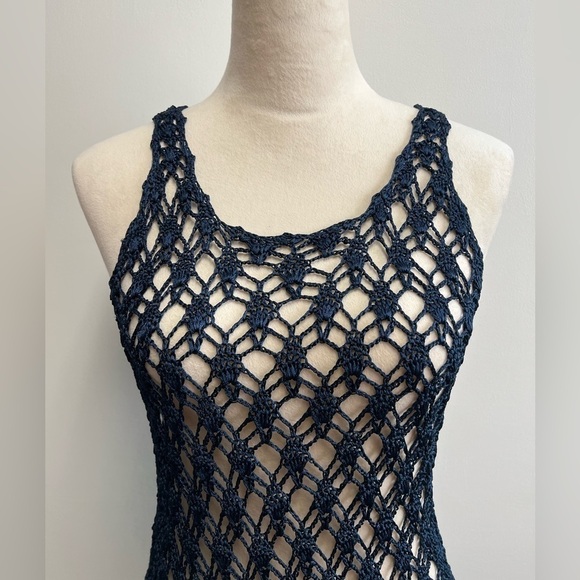 Navy Blue Heavy Knit Nylon Crochet Top Women’s Size Small Crochet Coverup - Picture 2 of 10